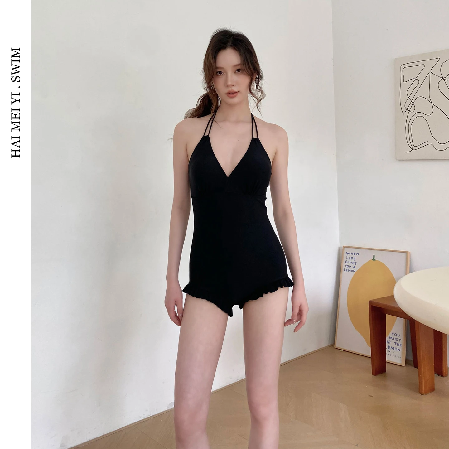 Sexy Neckline  Swimsuit for Women Slimming Small Chest Design Thermal Spa Vacation Swimwear V-Neck Retro Style