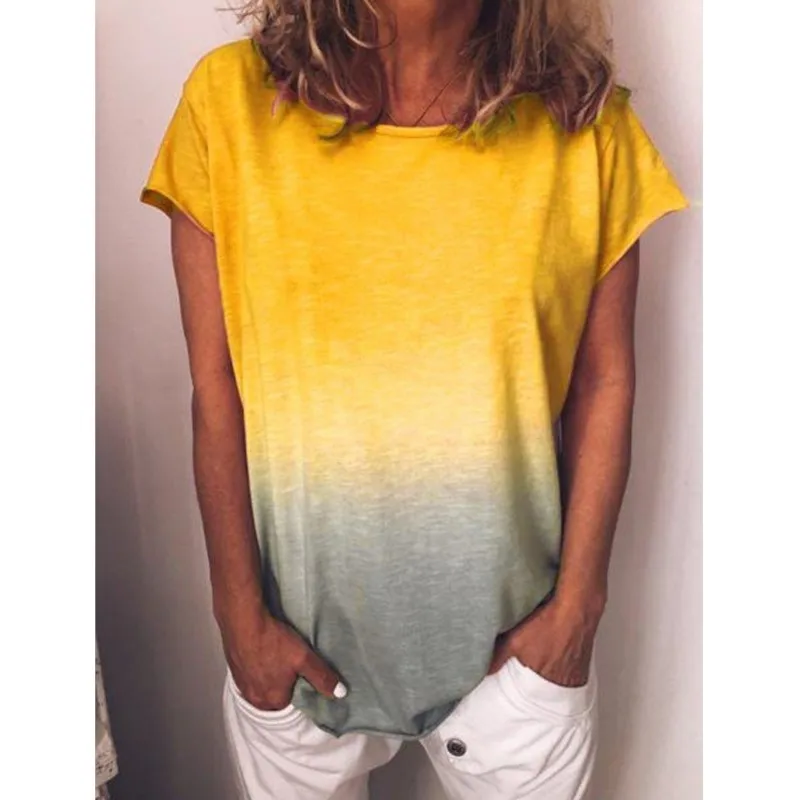 

Summer Women's Rainbow Gradient Printed Solid Color T-shirt Short Sleeved Round Neck Lotus Leaf Short Sleeved Casual Versatile
