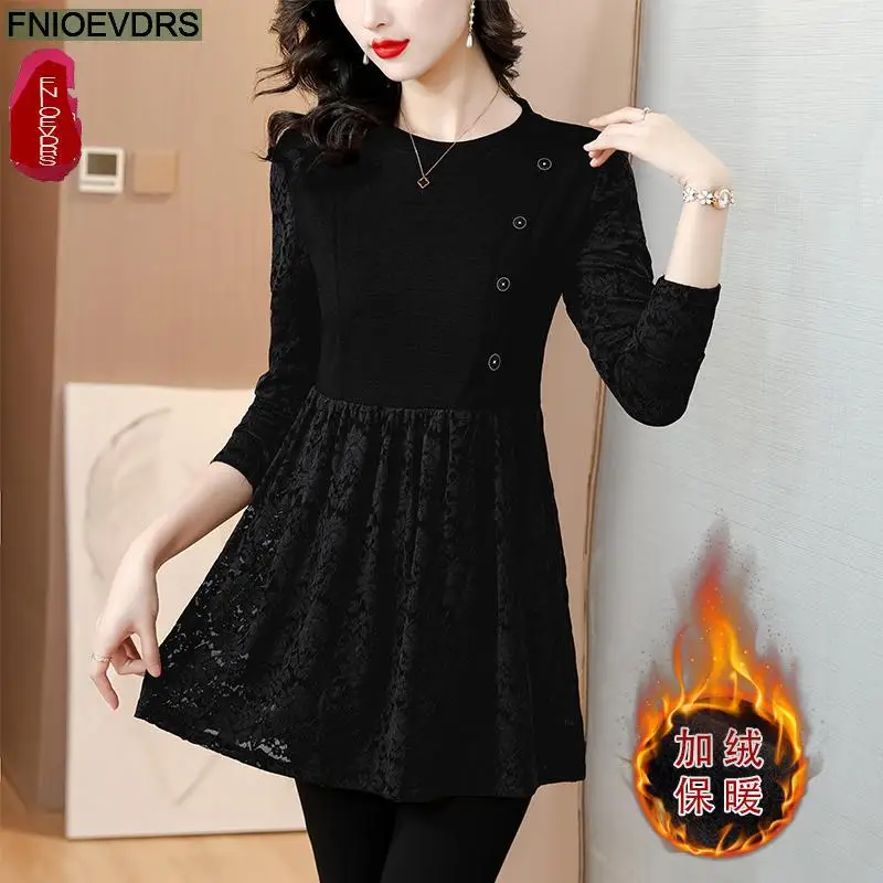 M-5XL New Year Black Lace Tops Women Winter Basic Warm Wear Button Retro Vintage French Design Shirts Velvet Tops Blouses