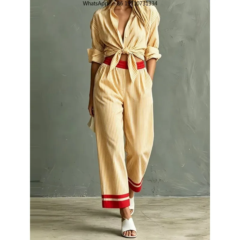 Women Contrast Color Striped Print 2 Piece Set Lapel Button Long Sleeve Shirt & Pants Vacation Casual Outfit