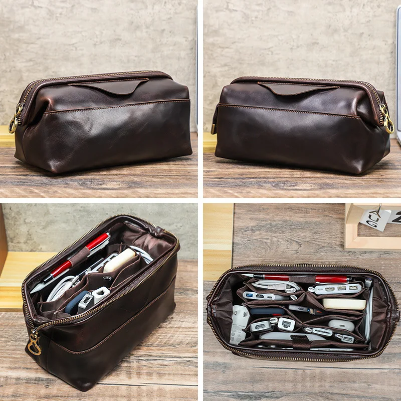 Genuine Leather Electronic Organizer Bag Durable Multi-functional Travel Tech Pouch for Cables Chargers Gadgets