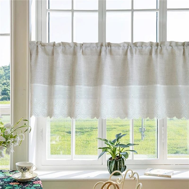 American Cotton and Linen Splicing Embroidered Lace Cafe Curtain Rod Pocket Short Drapes For Kitchen Door Farmhouse 1Piece