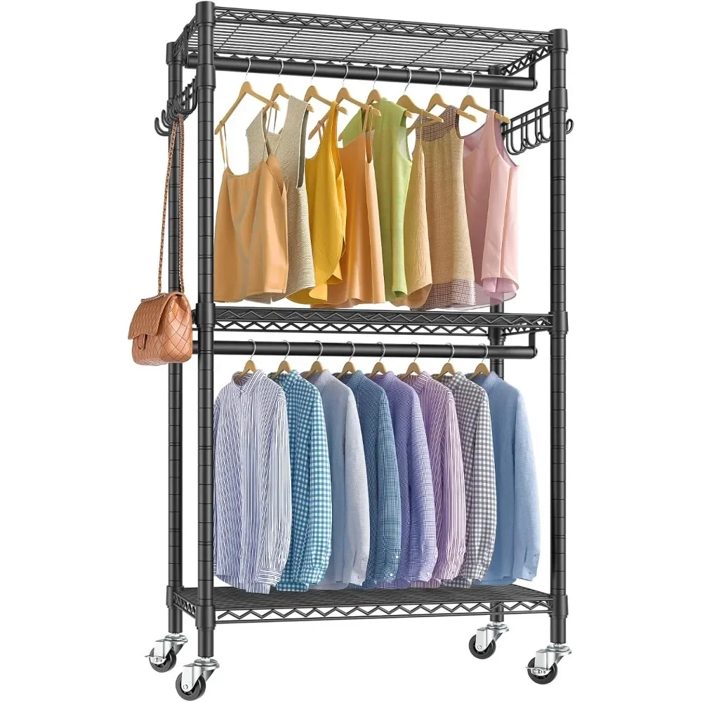 Mini Rolling Clothes Rack Heavy Duty Clothing Rack for Hanging Clothes Adjustable Metal Wire Shelving Portable Closet