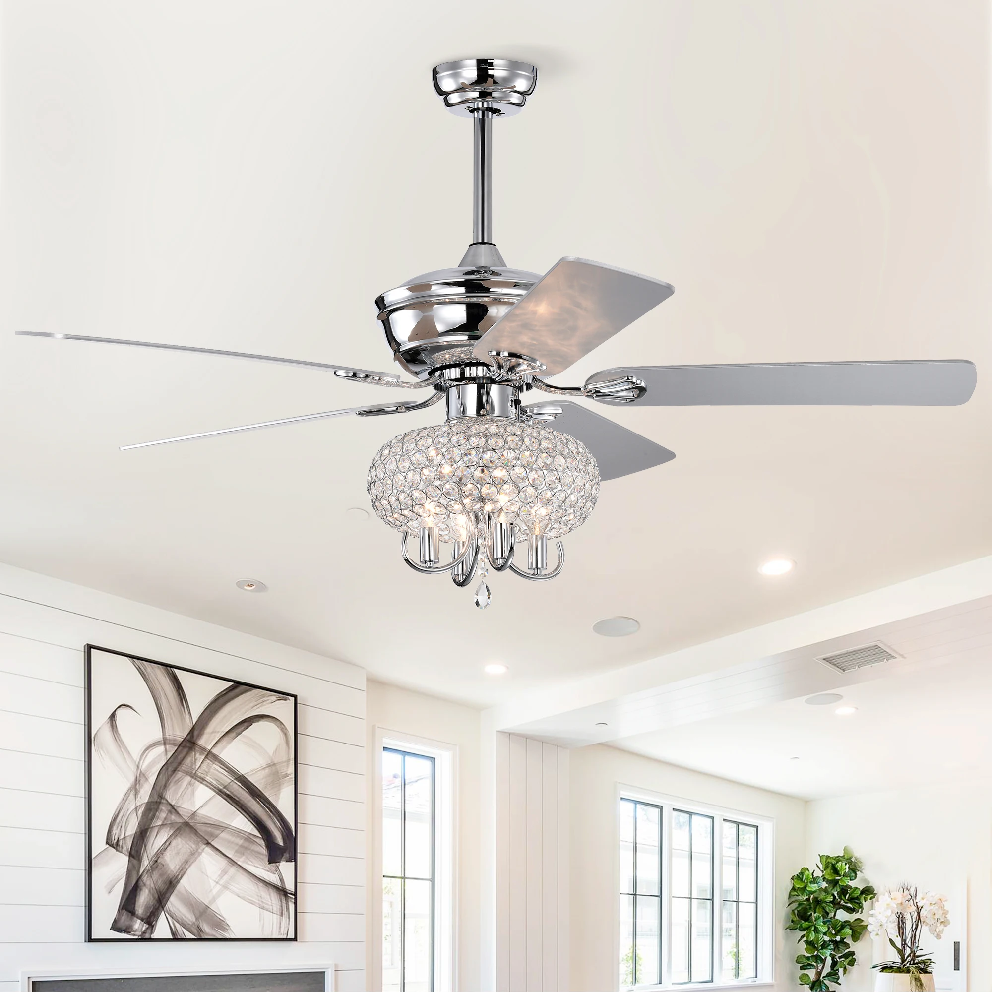 52 inch Crystal Ceiling Fan with Lights Fandelier Chandelier Reversible Blades 3 Wind Speeds Remote Control for Bedroom Living D