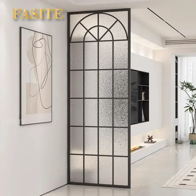 For French Simple Style Faux Window Screen Partition with Changhong Water Cube Corrugated Tempered Glass and Wrought Iron