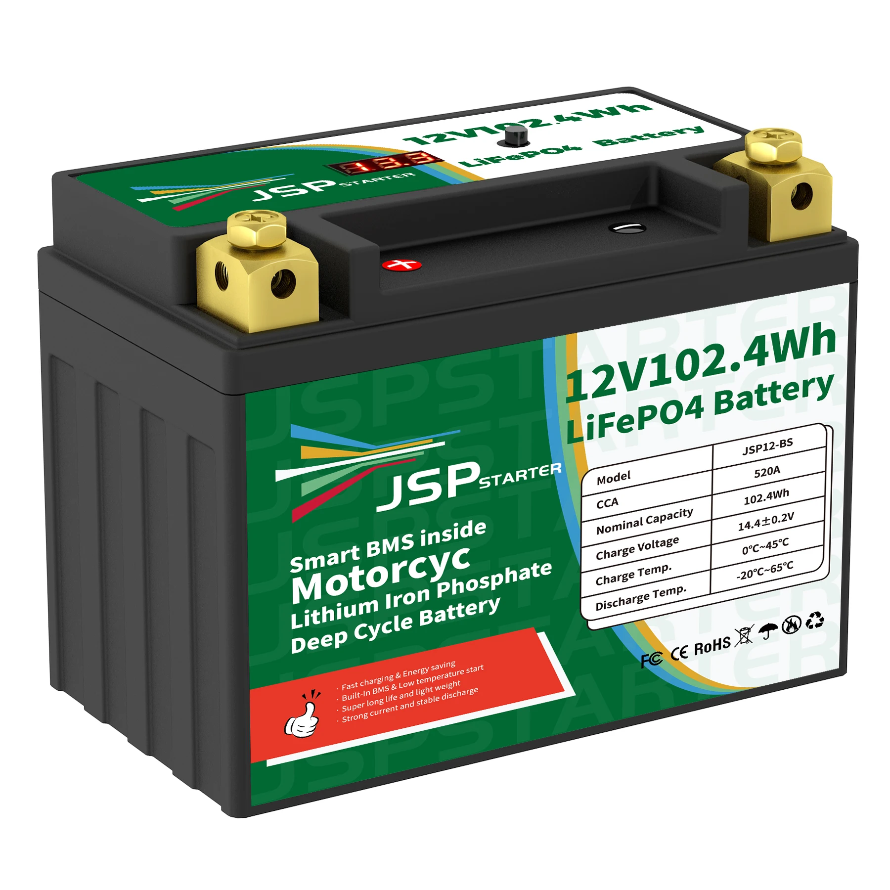 JSP12-BS 12.8V 102.4Wh CCA 520A BMS Motorcycle Start Battery 12.8V Lithium iron Phosphate Scooter LiFePO4 Batteries YTX12-BS