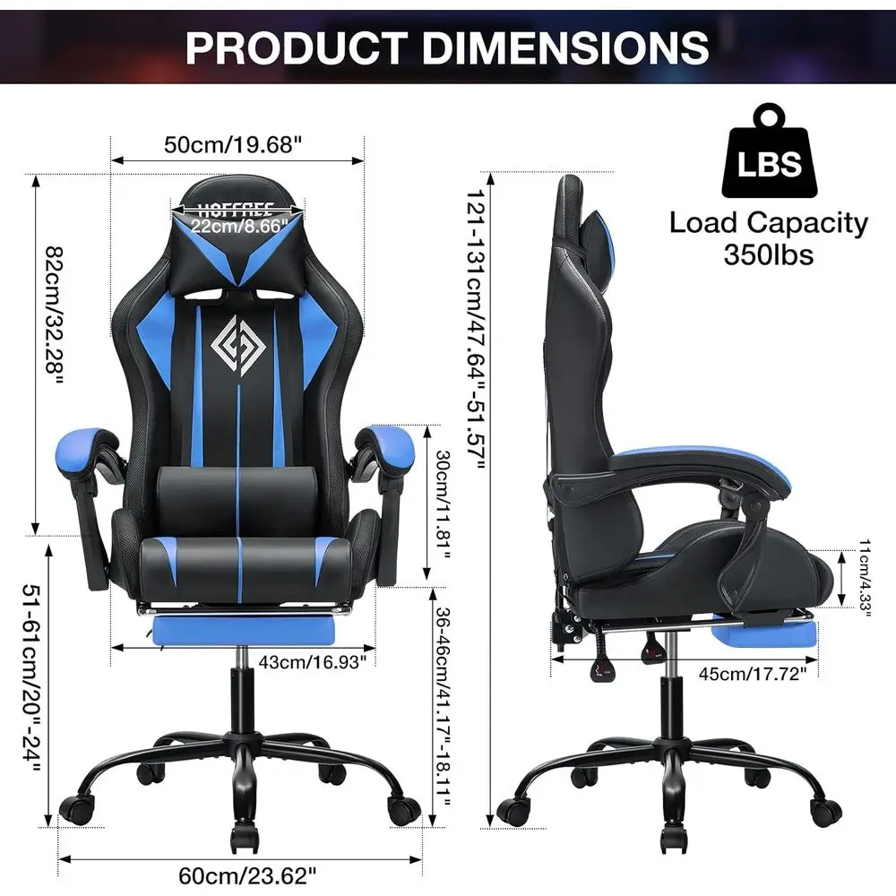 LED Gaming Chair with Massage RGB Lights Computer Game Chair-Blue | Ergonomic Reclining Gamer Chair with ootrest High Back Video view 3