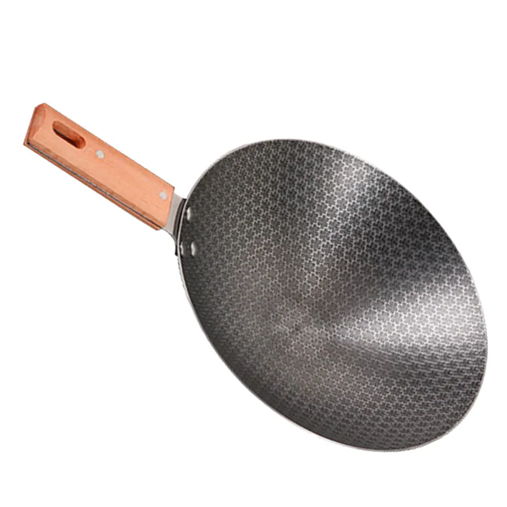 

Outdoor Camping Stainless Steel Wooden Handle Non Stick Wok Frying Pan Kitchen Cookware Gas Stove Everyday Use Grey Color Small