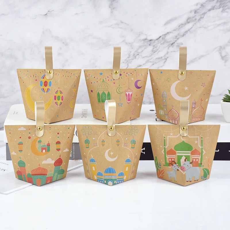 

5Pcs Eid Mubarak Kraft Paper Gift Boxes Candy Boxes Moon Star Ramadan Kareem Box Islamic Muslim Festival Party Favor Supplies