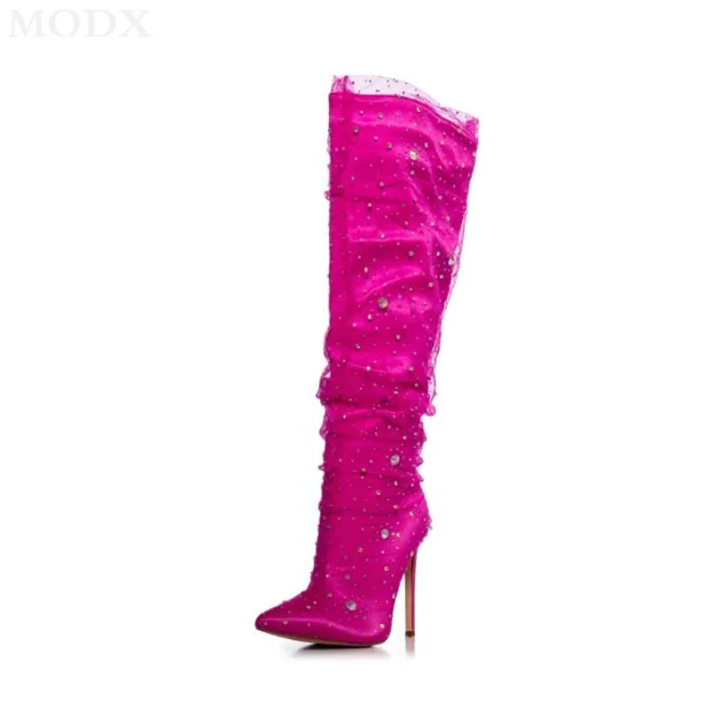 

2024 New Elegant Suede Mesh Spliced Pointed Toe Stiletto Heel Knee-high Boots Fashion Glitter Crystal Decoration Wedding Shoes