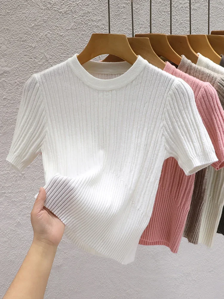 

2026 Summer T shirts for Women Casual Female Korean Knit Streetwear Tees Basic Solid Young Cool Tops