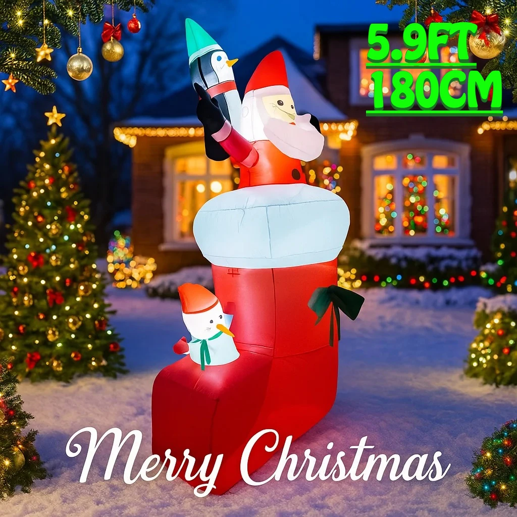 5.9FT Santa Claus In Boot Inflatable Christmas Decorations Ornaments With LED Lights Outdoor Decoration Yard Holiday Party Toy