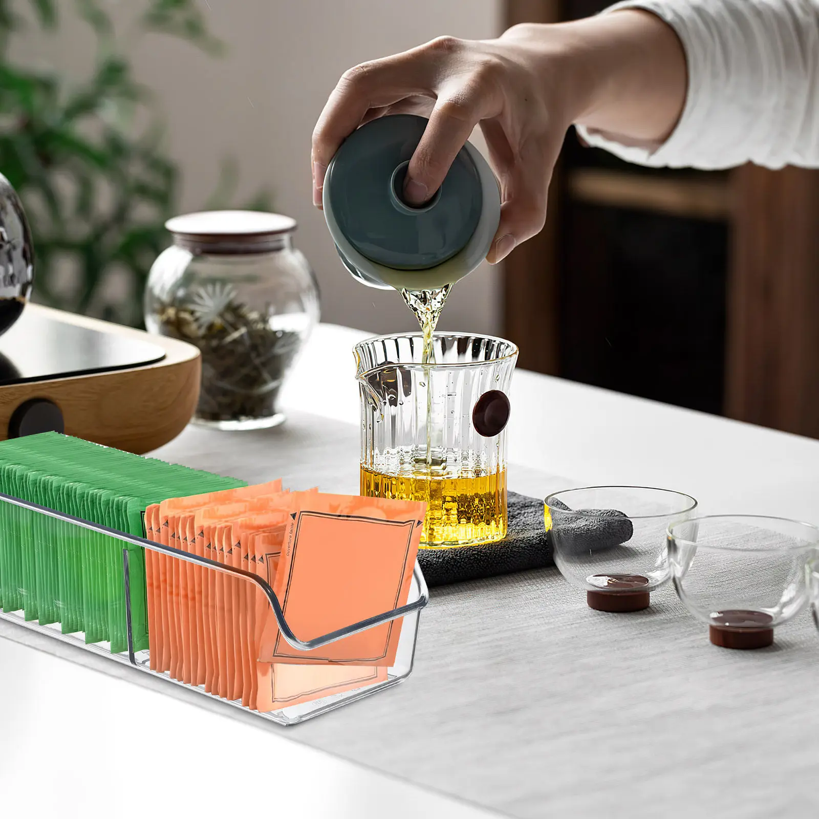 Tea Bag Organizer Clear Divided Storage Bin Desktop Holder Office Kitchen Cabinet Supply Tea Bag Organizer Sugar Packet Holder