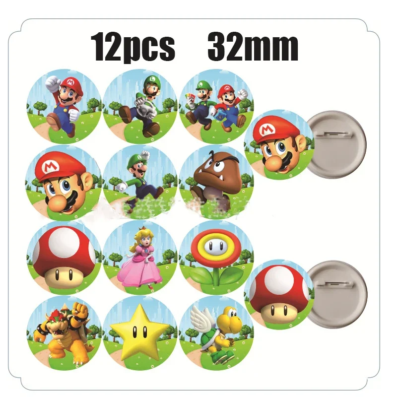 12 Pcs Super Mario Series Cartoon Brooch 32mm Tinplate Badge Pin Style Chestnut Baby Princess Picchi Mushroom Gift Cosplay