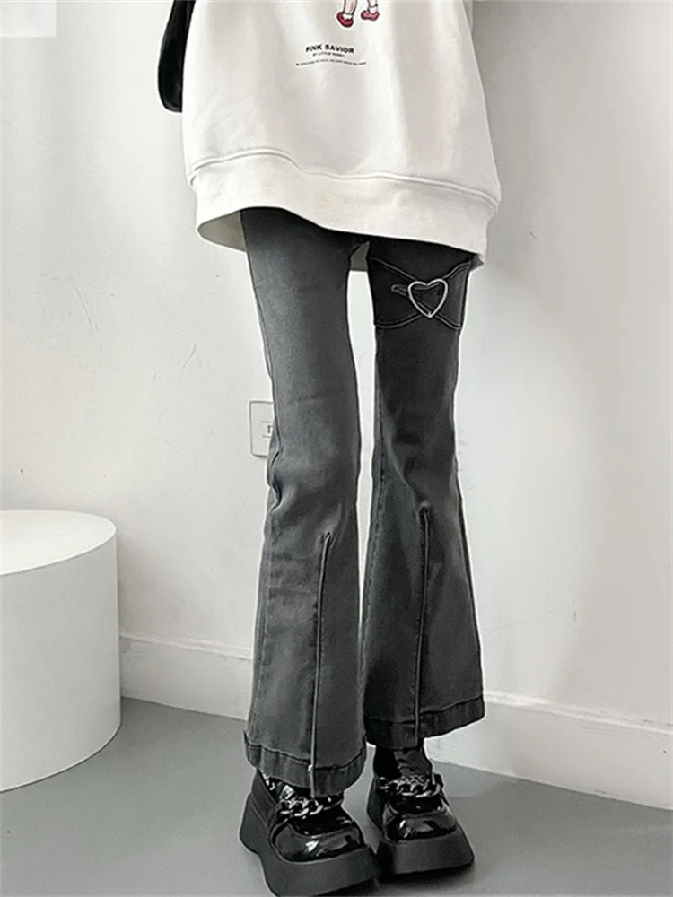Heart Detail Split Hem Jeans Women Fall High Waist Slim Fit Stretch Flared Pants Vintage Y2K Denim Trousers