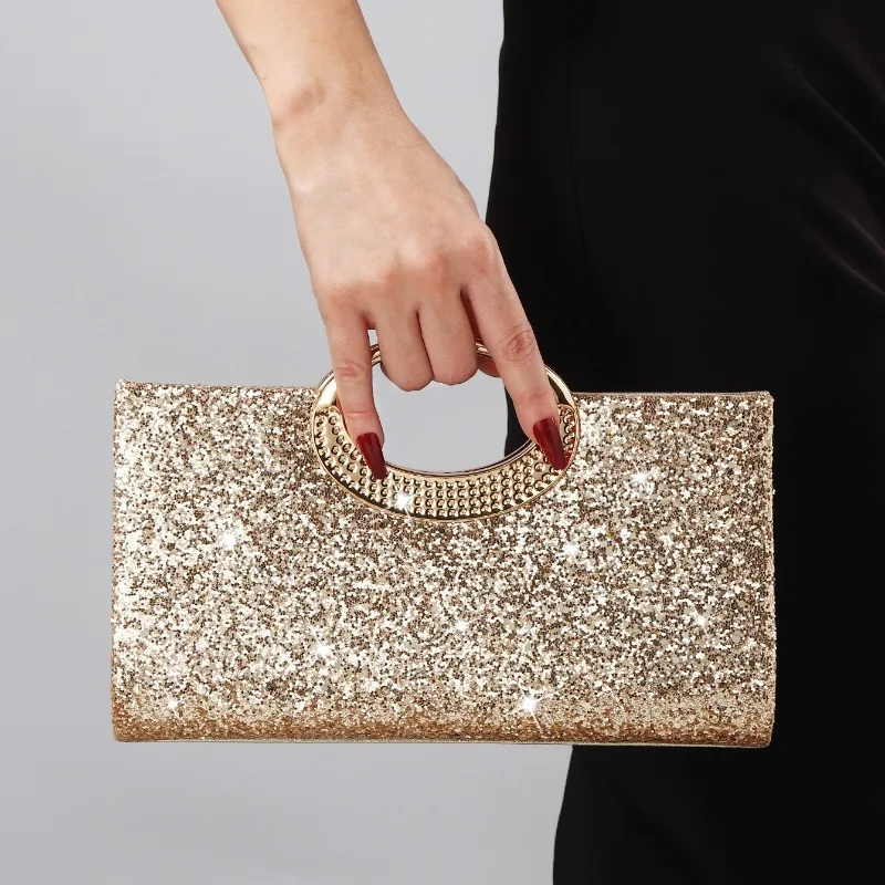 

Retro Round Ring Handbag with Gold Sequins Texture High-end Sparkling Fashion Trendy Evening Bags Christmas Party Clutch Purses