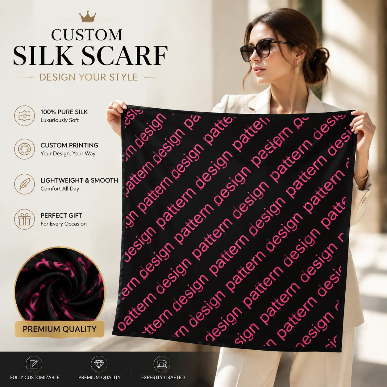 Custom 100% Pure Silk Scarf Women Luxury Mulberry Silk Neckerchief Personalized Print Square Hair Bandana Tie DIY Your Design