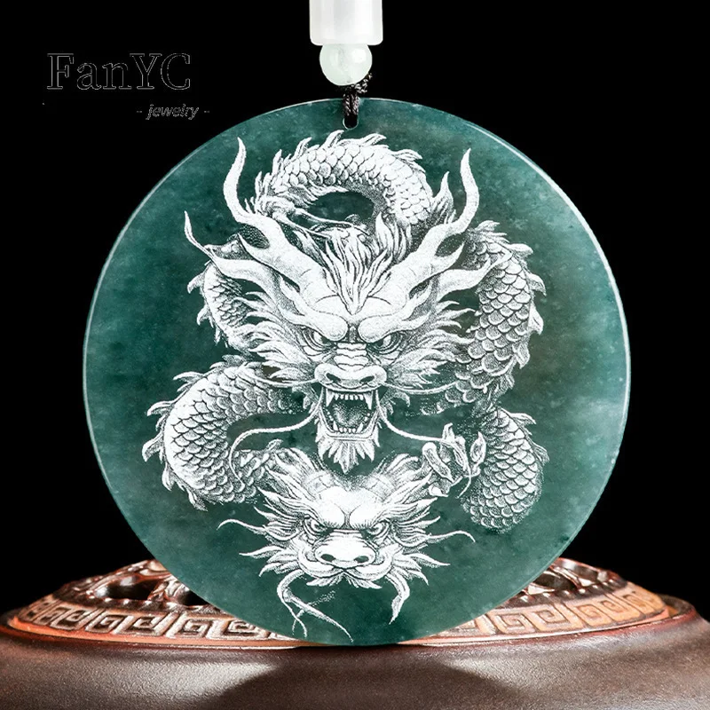 

Myanmar A-goods Jadeite Blue Water Shadow Carving Dragon King Pendant Exquisite Luxury Ice Jade Necklace Men Women Holiday Gift