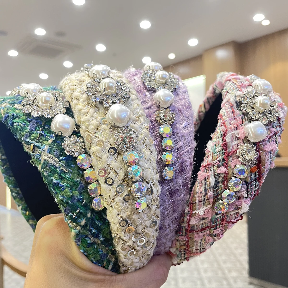 Rainbow Headband for Women Girls Glitter Crystal Rhinestone Headband Wide Luxury Hairband Ladies Party Holiday Hair Hoop Green