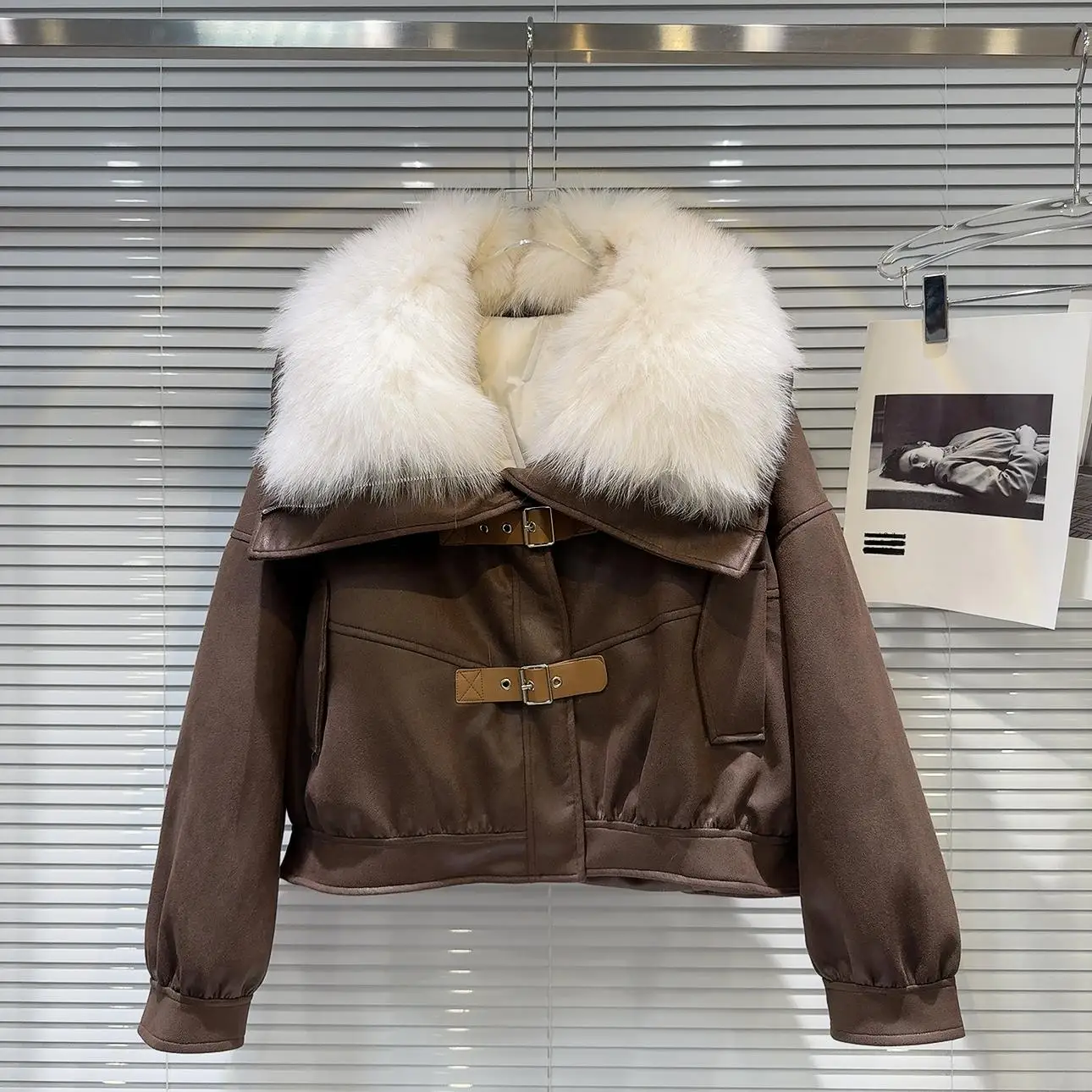 

Winter New Faion Fur Collar down Jaet Matte Leather Velvet Thiened Straight Cut Women's ort Outerwear