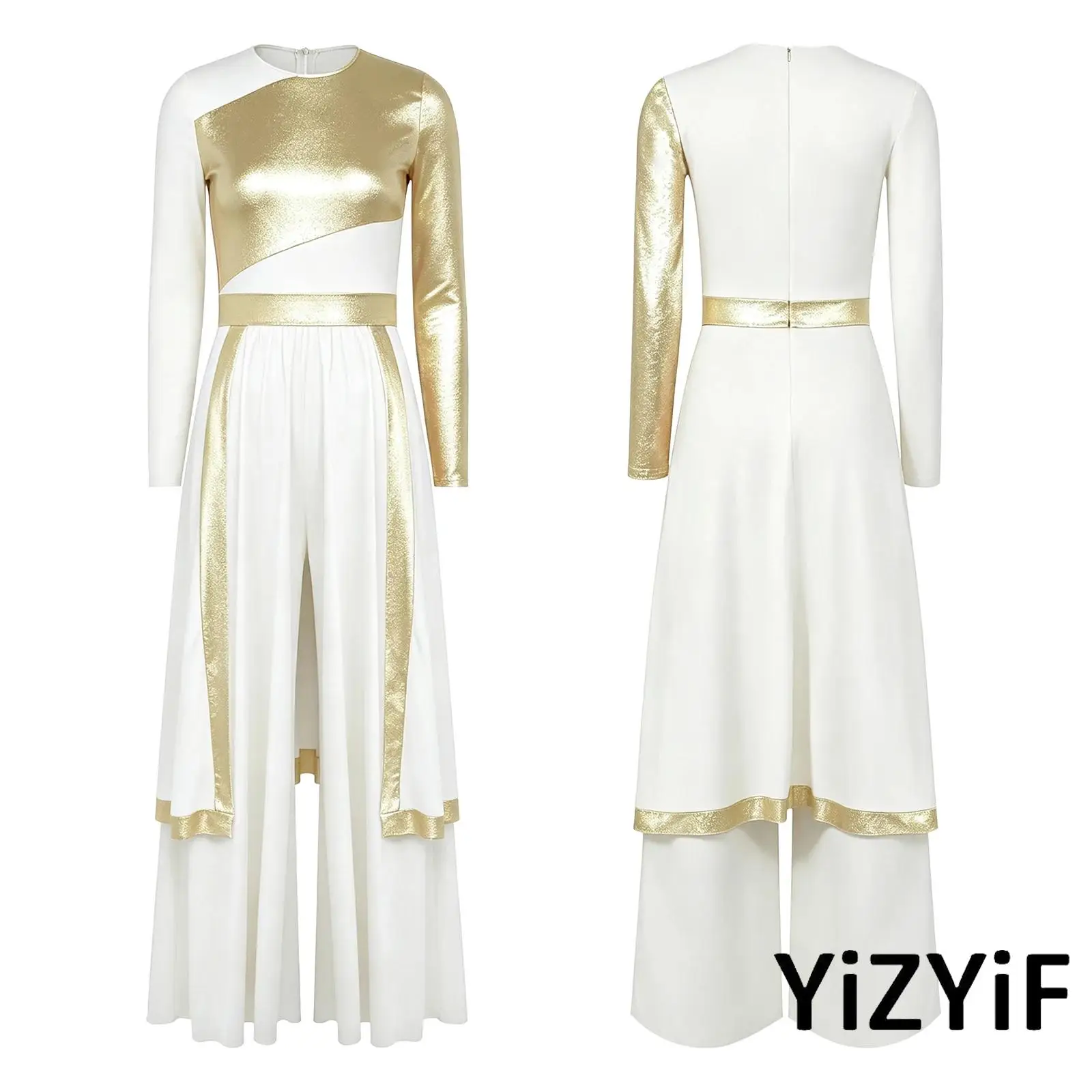 Womens Liturgical Praise Dance Outfit Long Sleeve Metallic Color-blocked Wide-leg Jumpsuit with Back Panel Skirt Church Gown