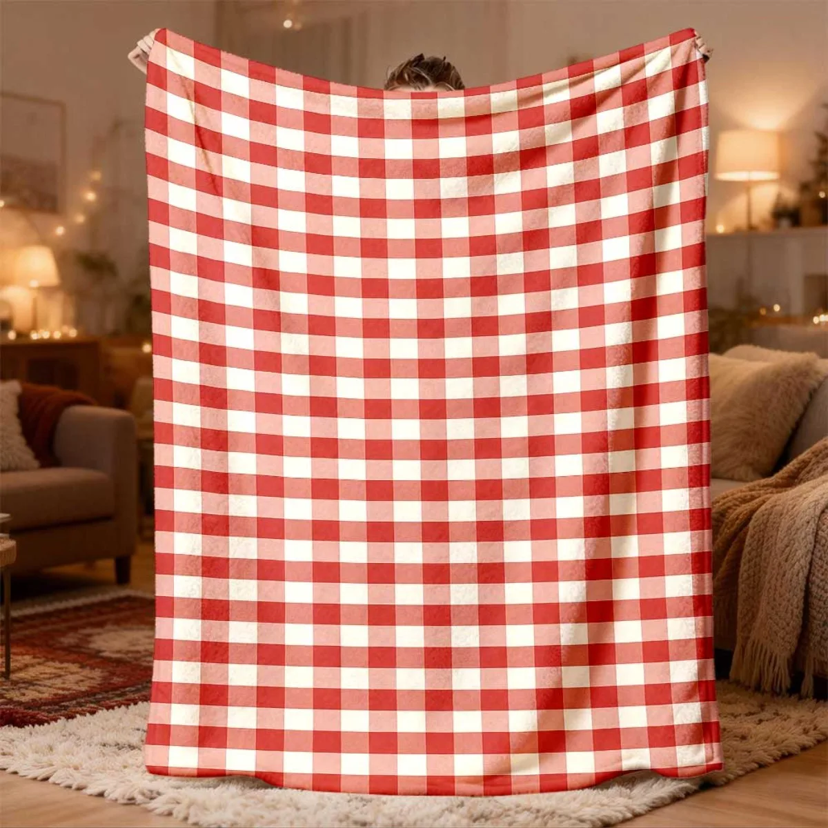 Large Red White Gingham Plaid Throw Blanket Sofa Couch Decor Cozy Winter Fleece Throw 150x200cm Home