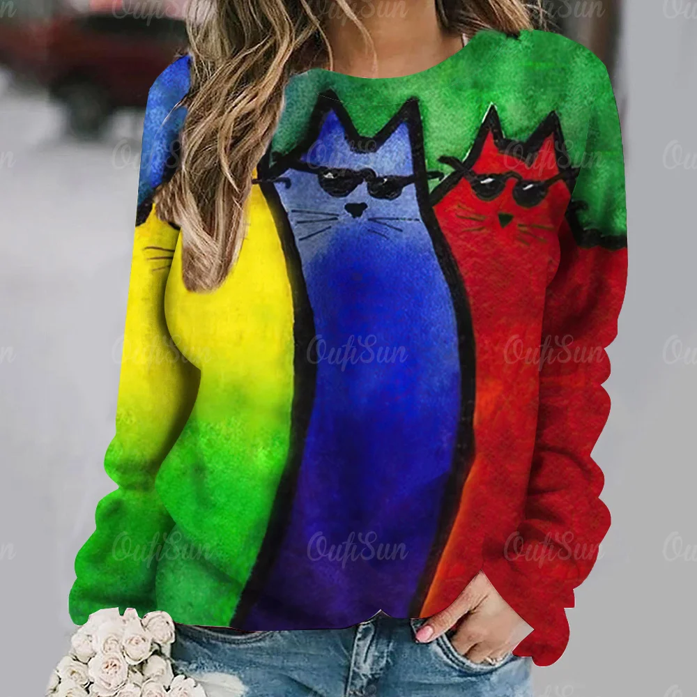 Women's hand-painted long-sleeved T-shirt with cute cat color pattern T-shirt loose pullover womens round neck versatile T-shirt