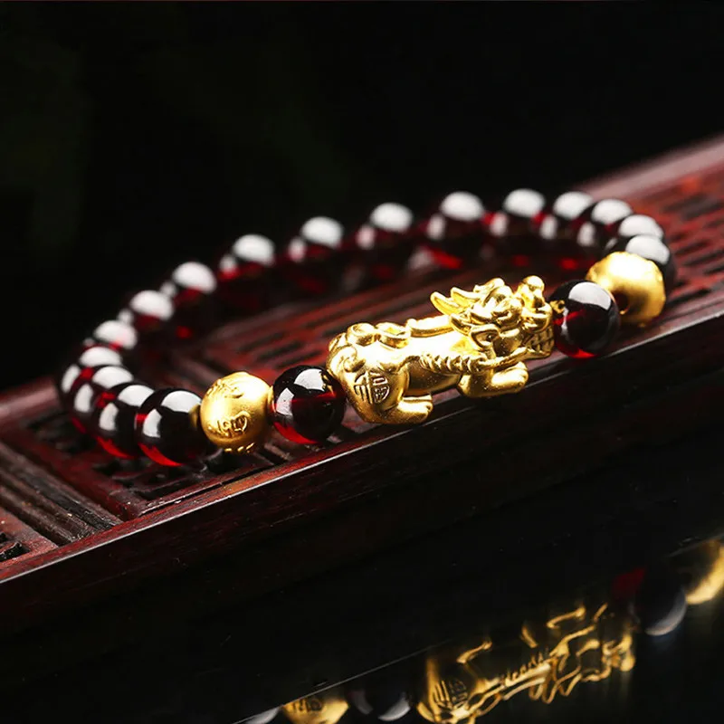 Crafts Garnet Bracelet Pure Gold Hard Golden Pixiu Jade Pendant