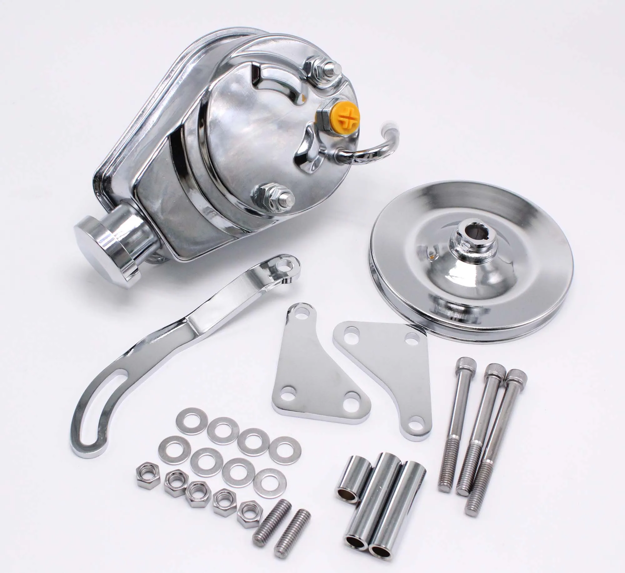For SB Chevy Chrome Saginaw Power Steering Pump Bracket & Pulley Kit SBC 350 400 305 K2000C + K3129 + K8948 VA552