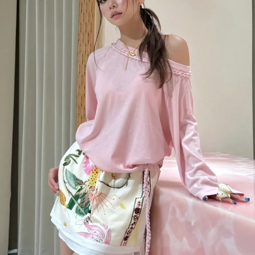 100% Cotton Women's T-Shirt Y2K Hand-Knitted Oversized Off-Shoulder Long-Sleeve Tees Top 2025 Fall/Winter New Arrival