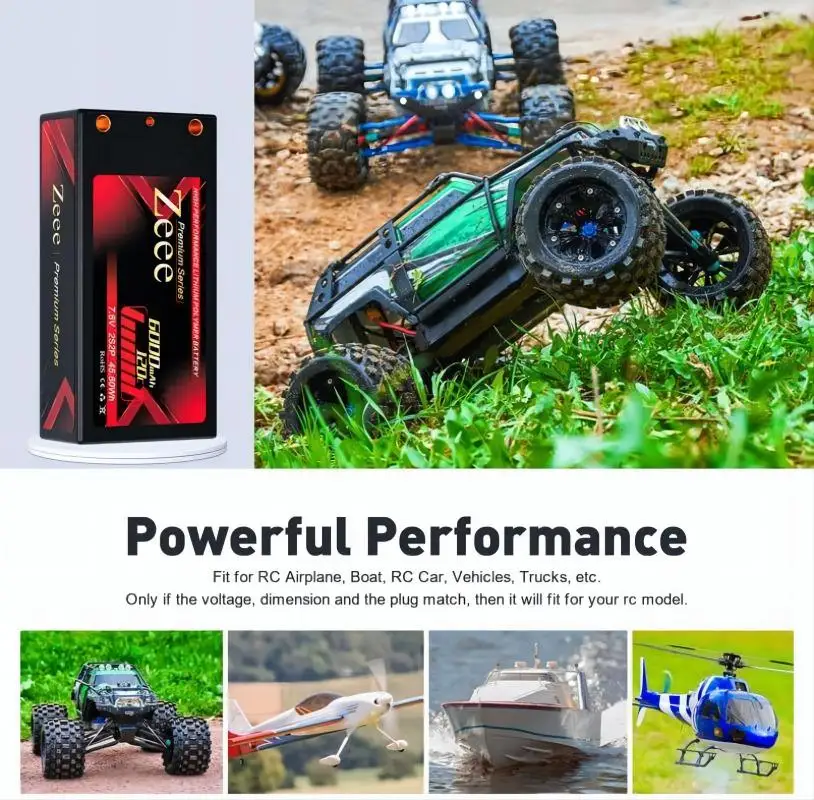 Zeee-Shorty Lipo Battery, 2S, 7.6V, 120C, 6000mAh Hardcase, 4mm Bullet to T Plug, alta tensão para peças de carros RC, série Premium