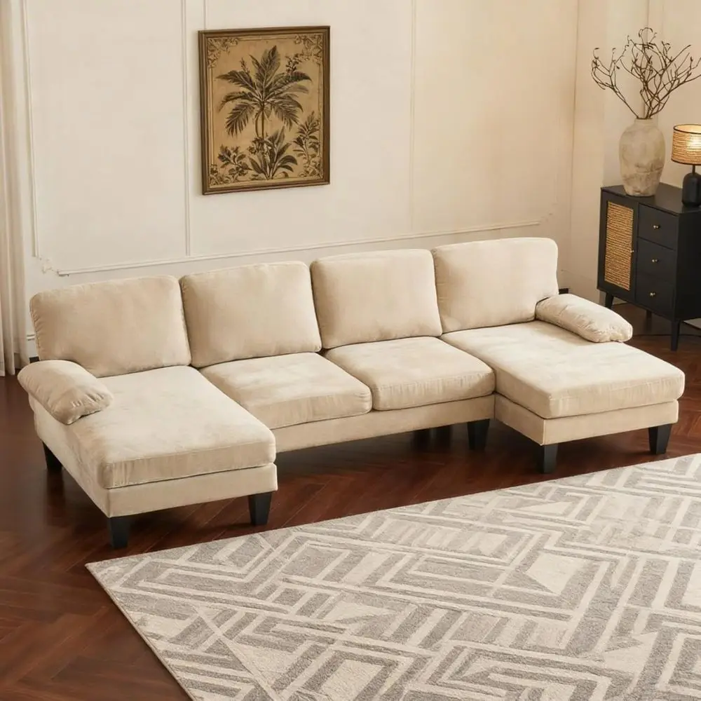 

Khaki 4-Seat U-Shape Sectional Sofa with Chaise and Chenille Fabric, Wood Grain Legs