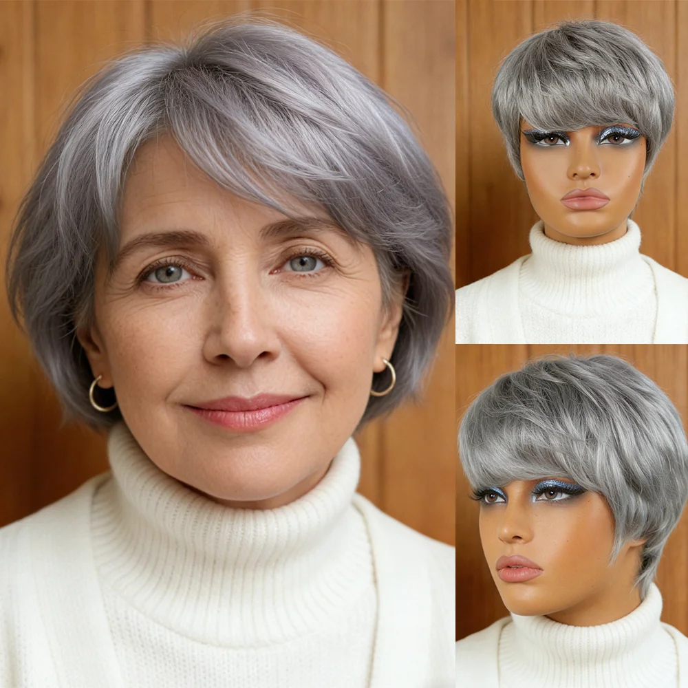 Silver Gray Short Pixie Cut Wig with Bangs Full Machine Made 100% Real Human Hair Breathable Cap for Older Women Senior Ladies