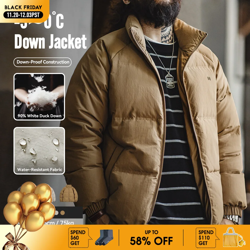

Maden Men's White Duck Down Jacket Stand Collar Warm Puffer Coat Casual Waterproof Zippered Jacket Winter Outerwear