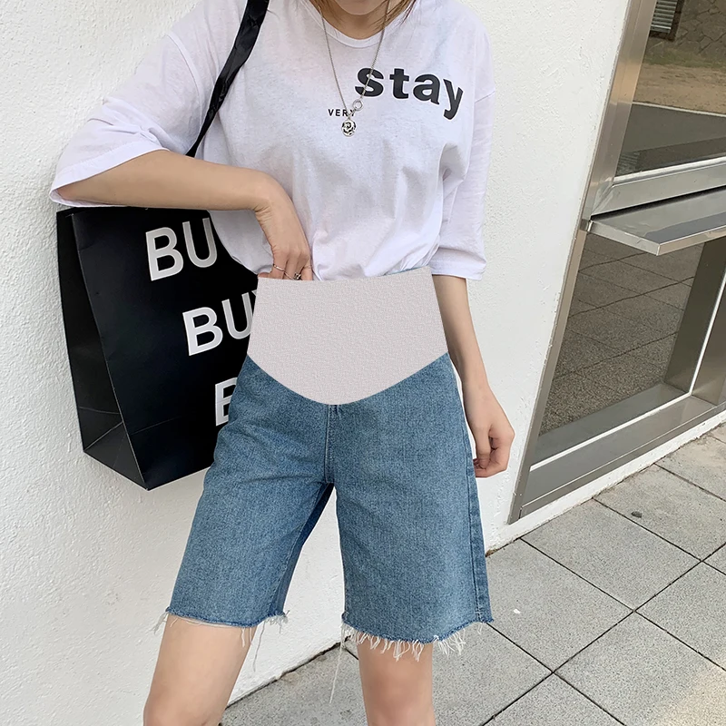 

2024 Summer Pregnant Women's Denim Shorts High Waist Knee-length Loose Casual Maternity Belly Pants Pregnancy Jeans Wholesale