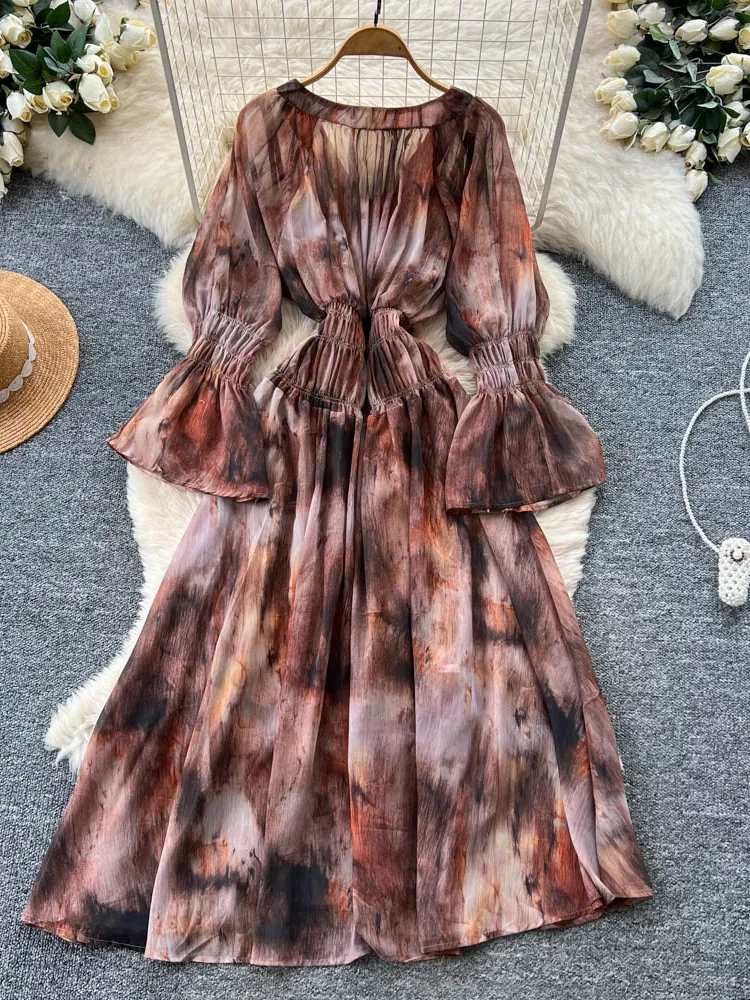 Ele V-ne Bell Sve Tie Dye Print Dr Women's High Waist A-line Skirt Summer Faion Gentle Sle Long Sve Dr