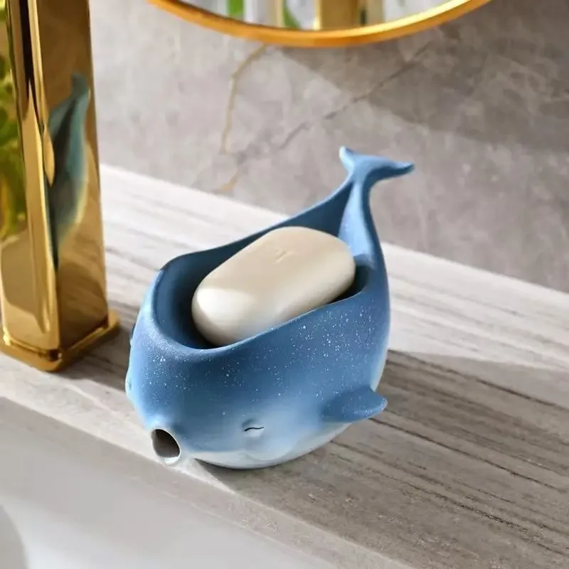 Creative Whale Shark Drain Soap Dish, Ceramic Soap Box, Light Luxury, Starry Whale, Household Bathroom Decoration