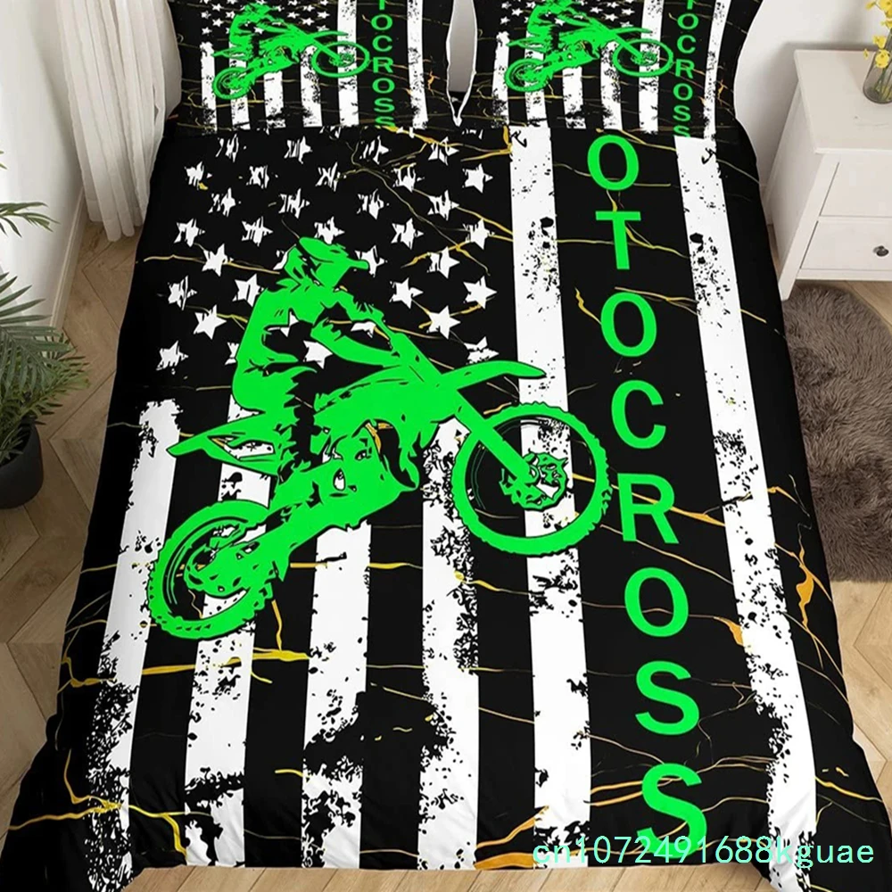 Dirt Bike King Queen Duvet Cover Motocross Sports Bedding Set Motorcycle Quilt Cover Youth Cool Black White Soft Comforter Cover - view 3