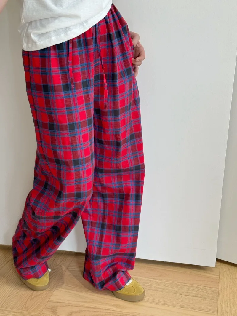 Red Plaid Elastic Waist Long-staple Cotton Casual Pants