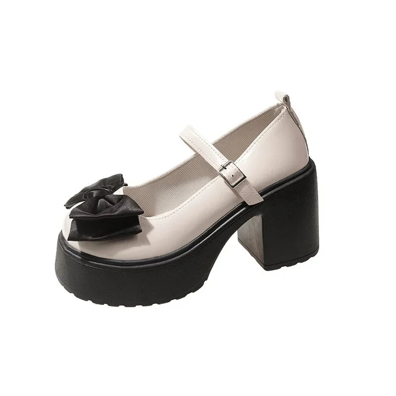 2024 Summer New Coarse Heel Mary Jane Single Shoes Fashion Bowknot Thick Heel Round Toe Pumps Trendy Street Lolita Shoes