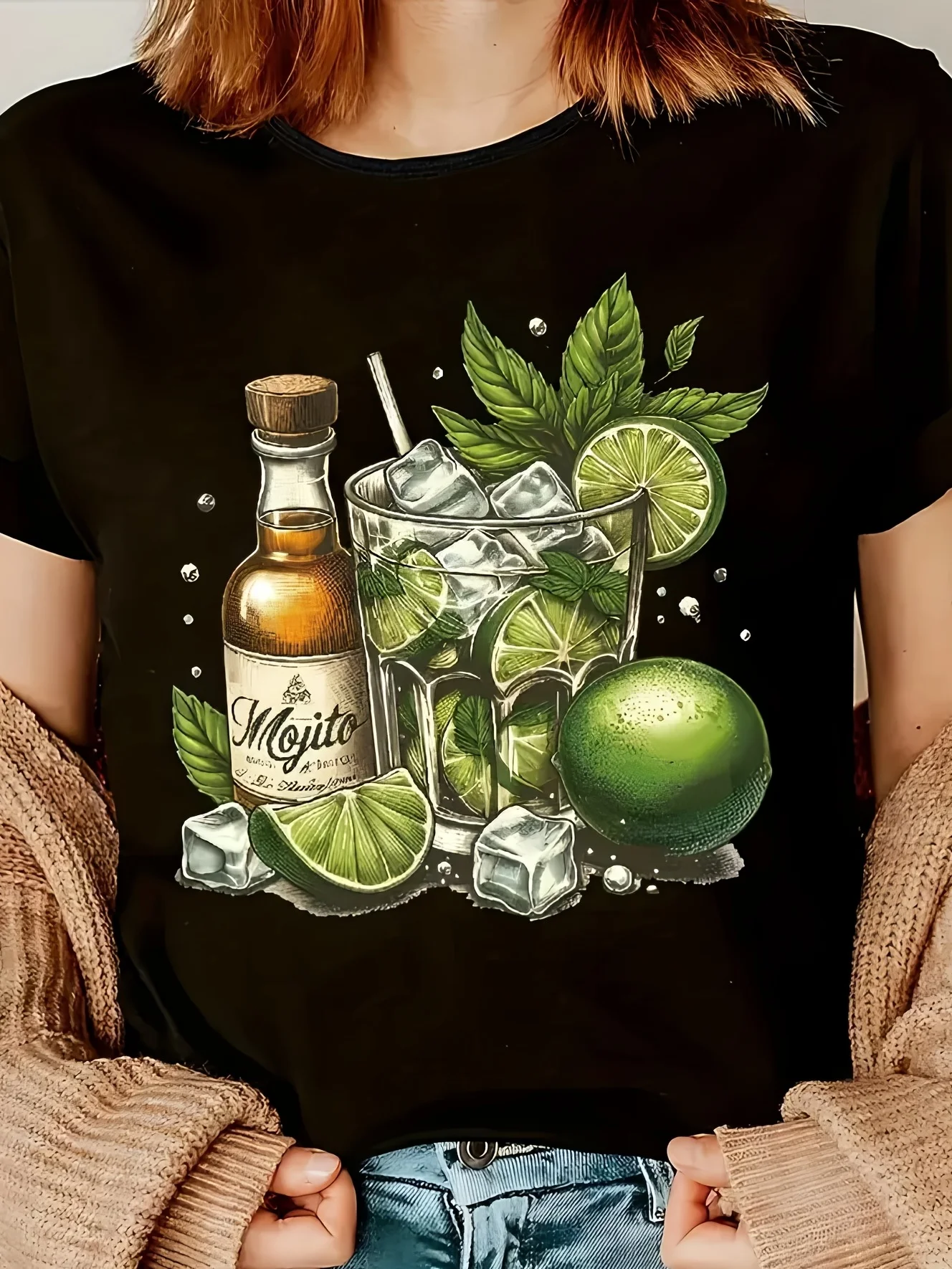 

Женская повседневная футболка с круглым вырезом Яркий мохито с графическим принтом Летний топ с короткими рукавами Lime Ice Cube Повседневная одежда Личность Y2K