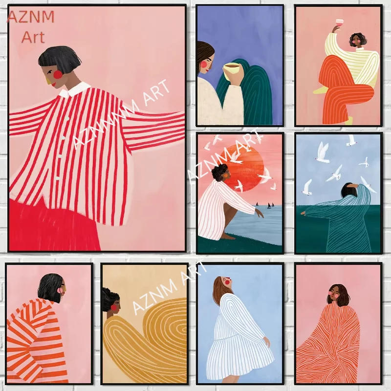 Rot- und rosa gestreifte Damen-Leinwanddrucke, minimalistische Linien, kleinste Porträt-Illustration, Kunstposter für Wohnzimmer, Heimdekoration