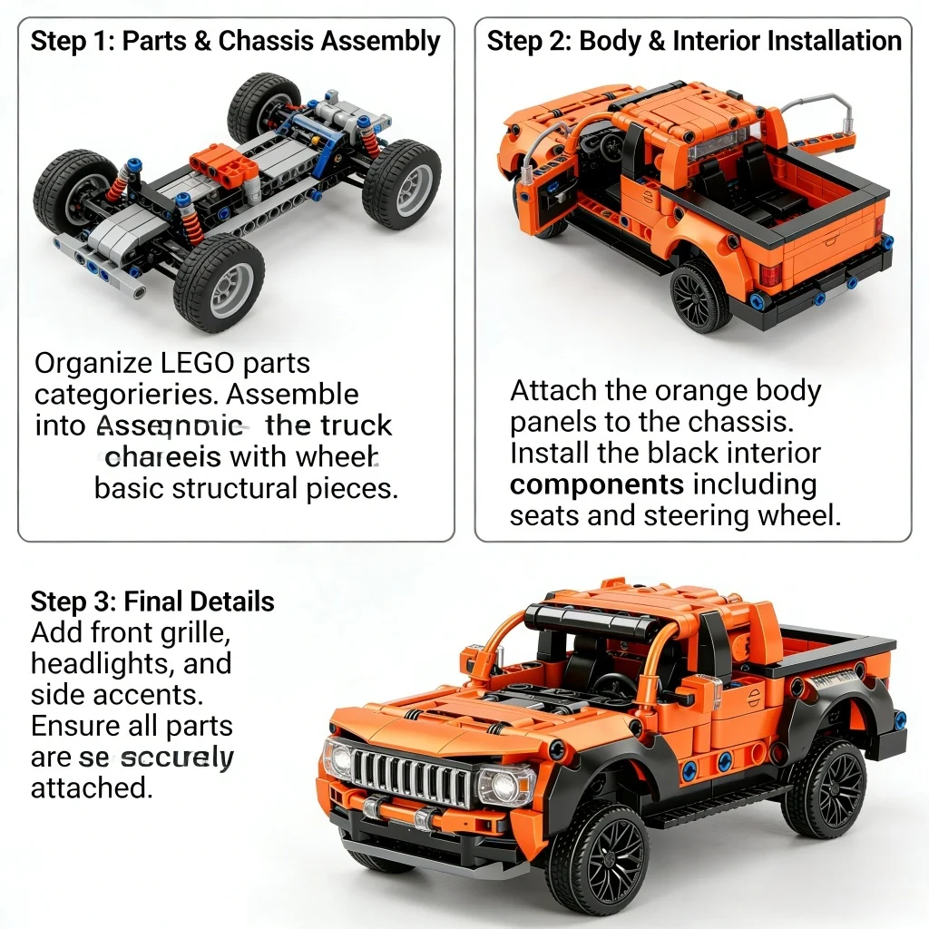 Technic Orange Pickup Truck Building Blocks, Rugged Off-Road Style, DIY Bricks Kit for Collectors - view 6