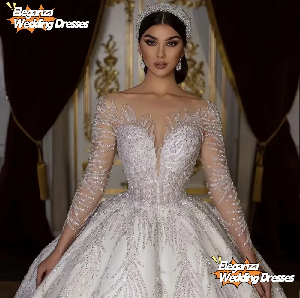 Robe De mariée De luxe personnalisée, col rond, perles, brillante, longueur au sol, robes De mariée