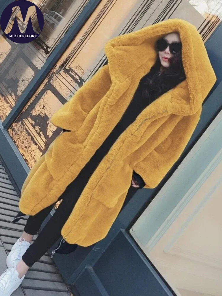 Cappotto in pelliccia sintetica con cappuccio da donna, cappotti di media lunghezza, peluche sciolto, ispessimento, caldo, Casual, moda, autunno, inverno, nuovo, 2024