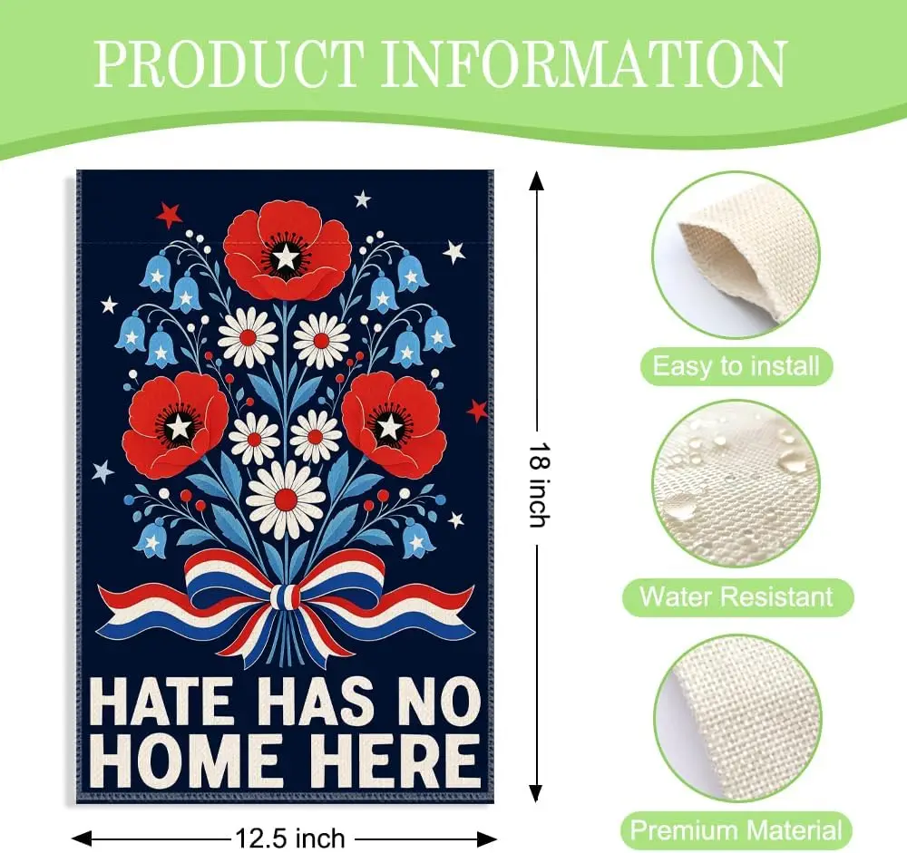 Hate Has No Home Here Garden Flag, 12 x 18 Inch Double Sided Patriotic Floral Yard Decor, Inclusive Kindness Outdoor Welcome llp