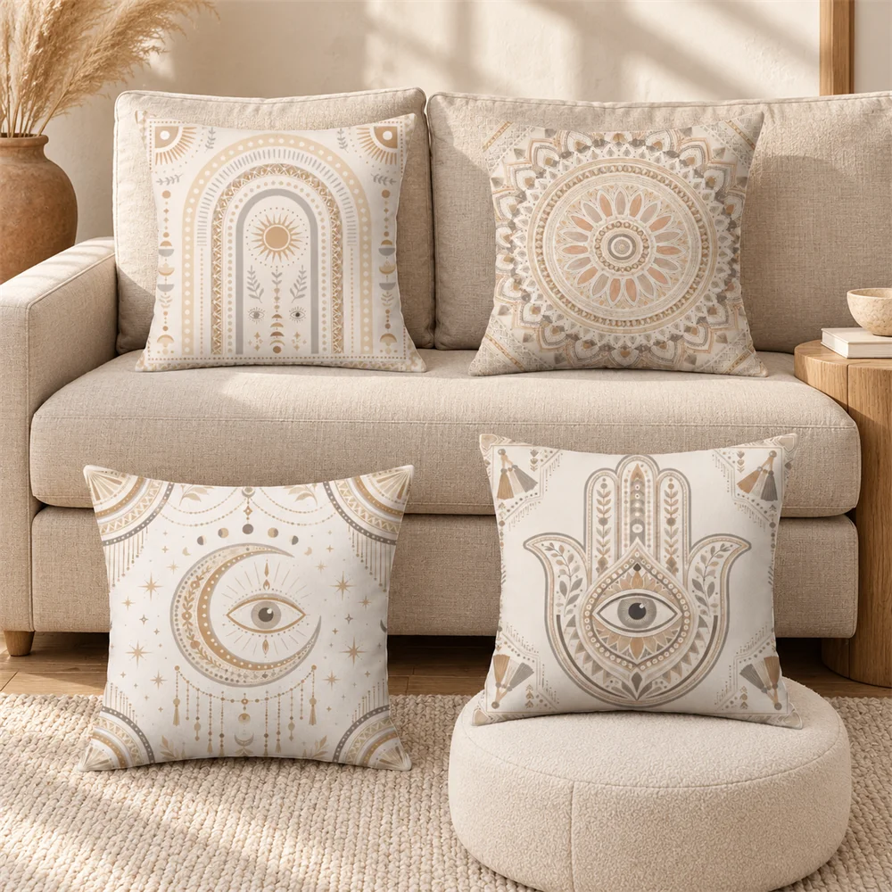 Boho Eye Macrame Style Print Cushion Cover Soft Short Plush Pillow Cases Hidden Zipper Cutecore Sofa Bedroom Home Decor Gift