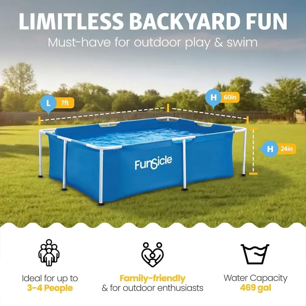7' x 5' x 24 Durable Rectangular Above Ground Swim Pool for Ages 6+, Blue