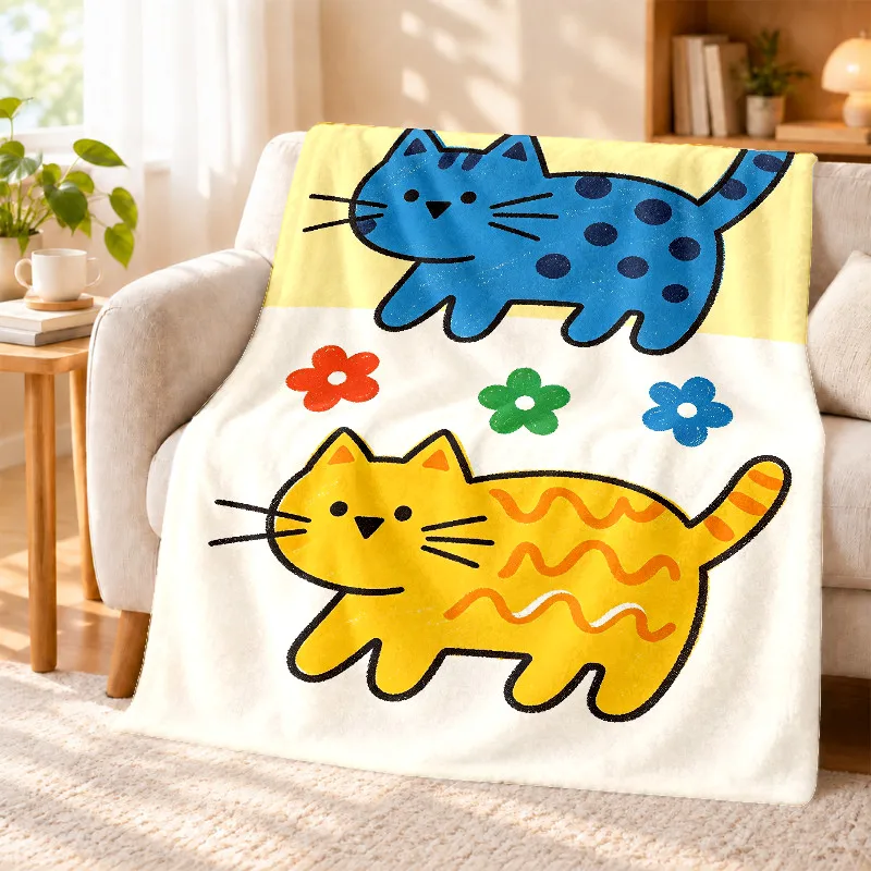 Cute Cat Throw Blanket Blue Yellow Playful Kitten Bright Floral Print Soft Flannel for Living Room Couch Lounge Home Decor Gift