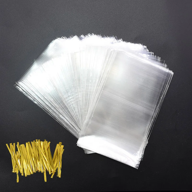 200Pcs/Set 4 Sizes Clear Plastic Bag Flat Open Top For Lollipop Candy Cookie Gift Bags and Gold Silver Ties Wedding Party Supply